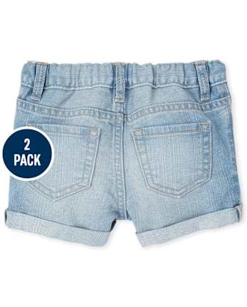Paquete de 2 shorts cortos de mezclilla con puños enrollados para niñas pequeñas