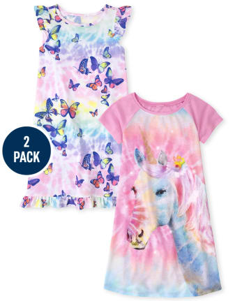 Girls Unicorn Rainbow Butterfly Ruffle Nightgown 2-Pack