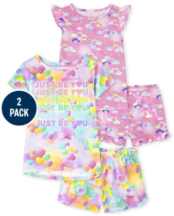 Girls Short Ruffle Sleeve Just Be You Heart And Rainbow Pajamas 2 Pack BLUE The Children s Place