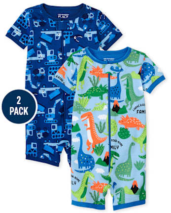 Pyjama une pièce en coton ajusté Dino Truck pour bébés et tout-petits garçons, paquet de 2