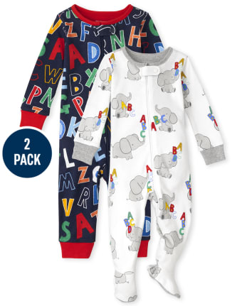 Pijama unisex de una pieza de algodón con diseño de elefante y alfabeto para bebés y niños pequeños, paquete de 2