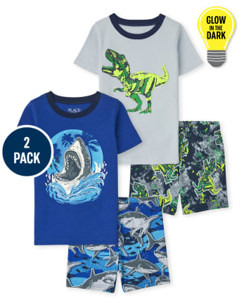 Boys Glow Shark Dino Snug Fit Cotton Pajamas 2-Pack