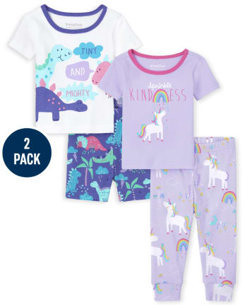 Paquete de 2 pijamas de algodón ajustados con unicornio Dino para bebés y niñas pequeñas