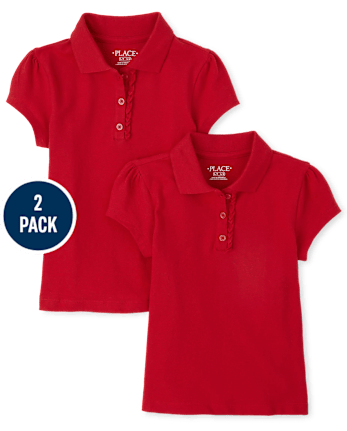 Girls Uniform Ruffle Soft Stretch Pique Polo 2-Pack - Plus