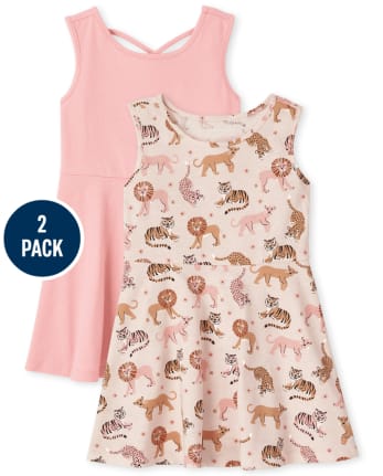 Paquete de 2 vestidos skater con estampado de animales para niñas pequeñas