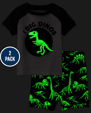 Paquete de 2 pijamas de algodón de ajuste ceñido con diseño de dinosaurio resplandeciente para bebés y niños pequeños - THUNDER BLUE