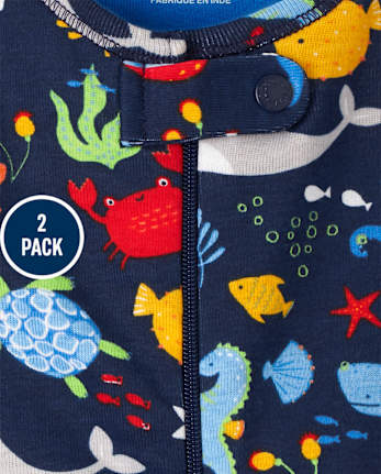Lot de 2 pyjamas une pièce en coton ajustés à rayures créatures marines pour bébés et tout-petits garçons