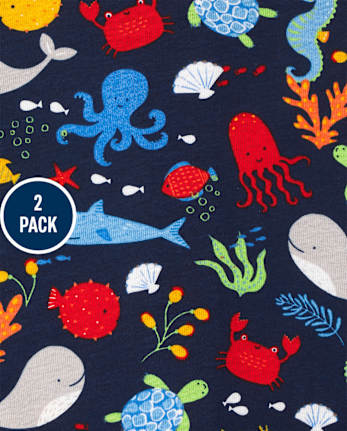 Lot de 2 pyjamas une pièce en coton ajustés à rayures créatures marines pour bébés et tout-petits garçons