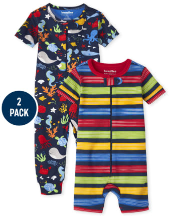Lot de 2 pyjamas une pièce en coton ajustés à rayures créatures marines pour bébés et tout-petits garçons