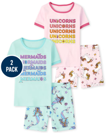 Girls Unicorn Mermaid Snug Fit Cotton Pajamas 2-Pack