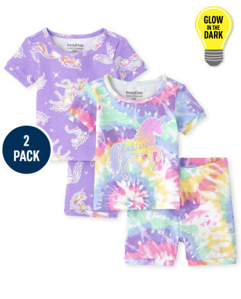Baby And Toddler Girls Glow Unicorn Tie Dye Snug Fit Cotton Pajamas 2-Pack