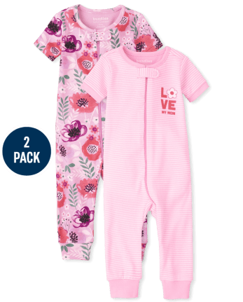 Baby And Toddler Girls Striped Floral Snug Fit Cotton One Piece Pajamas 2-Pack