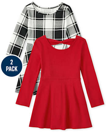 Paquete de 2 vestidos skater a cuadros para niñas pequeñas