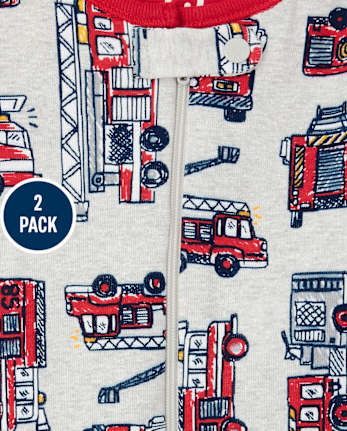 Pijamas de una pieza de algodón con ajuste ceñido para camión de bomberos para bebés y niños pequeños, paquete de 2