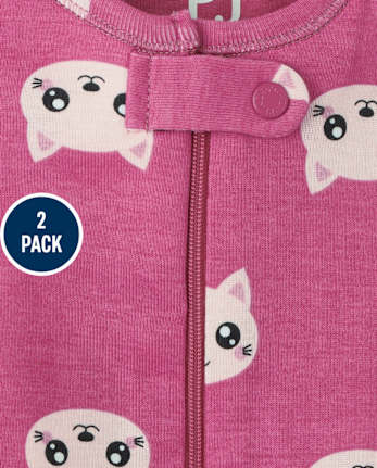 Paquete de 2 pijamas de una pieza de algodón con ajuste ceñido de leopardo y gato para niñas pequeñas y bebés