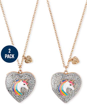 Girls Glitter Rainbow Unicorn BFF Locket Necklace 2-Pack
