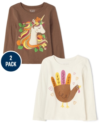 Paquete de 2 camisetas con estampado de pavo y unicornio para niñas pequeñas