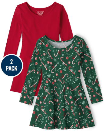 Toddler Girls Christmas Long Sleeve Candy Cane Print And Solid Knit Skater Dress 2 Pack The Children s Place