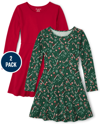 Girls Christmas Long Sleeve Candy Cane Print And Solid Knit Skater Dress 2 Pack SPRUCESHAD The Children s Place