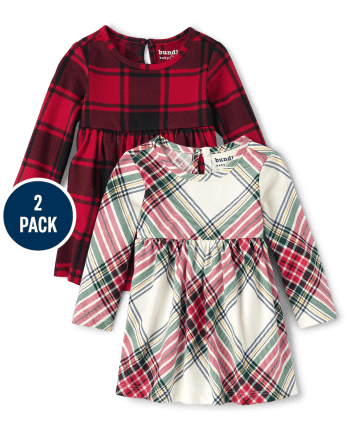 Baby Girls Plaid Bodysuit Dress 2-Pack