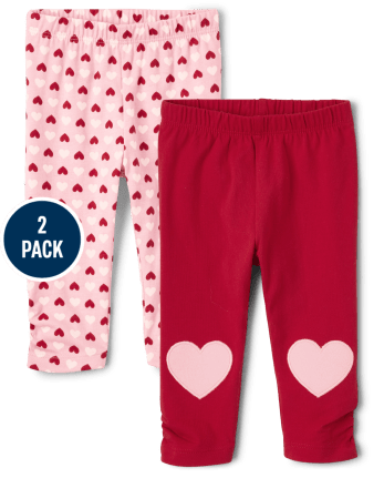 Girls Red & White Heart Love Leggings Valentines Day Knit Stretch Pants
