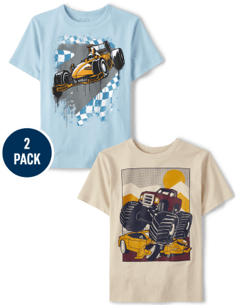 Camiseta con gráfico Racecar Monster Truck para niños, paquete de 2