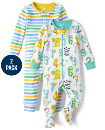 Unisex Baby And Toddler Striped Numbers Snug Fit Cotton One Piece Pajamas 2-Pack