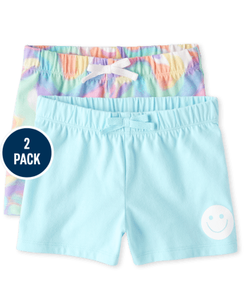 Paquete 2 pantalones cortos de punto para niñas Mix And con efecto tie dye arcoíris y cara feliz | The Children's Place - BLUE SPLASH