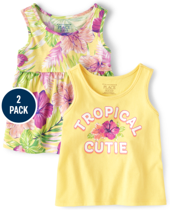 Pack de 2 camisetas sin mangas con estampado floral para niñas pequeñas