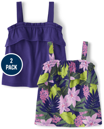 Paquete de 2 camisetas sin mangas con volantes tropicales para niñas pequeñas