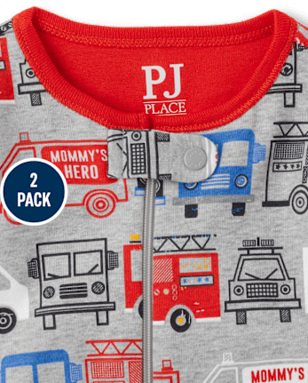 Pijamas de una pieza de algodón ajustados para camión de rescate para bebés y niños pequeños, paquete de 2