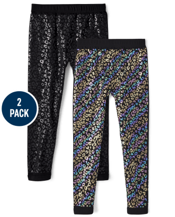 Girls Foil Leopard Fleece-Lined Leggings 2-Pack
