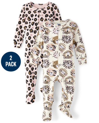 Baby And Toddler Girls Long Sleeve Leopard Print Snug Fit Cotton Footed One Piece Pajamas 2 Pack WHITE The Children s Place