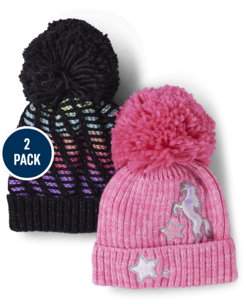 Girls Unicorn Pom Pom Beanie 2-Pack