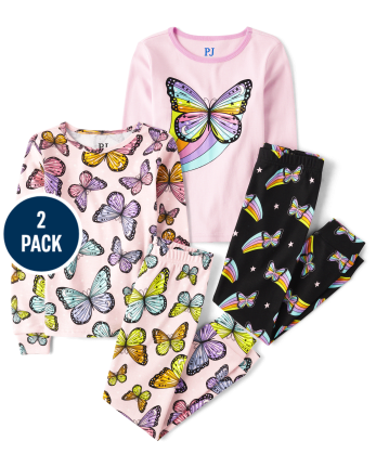 Girls Long Sleeve Butterfly Print Snug Fit Cotton Pajamas 2 Pack Girls Long Sleeve Butterfly Print Snug Fit Cotton Pajamas 2 Pack
