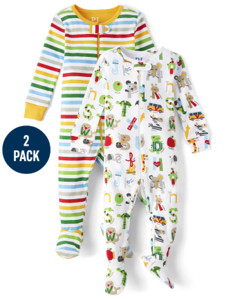 Baby Alphabet Striped Snug Fit Cotton Footed One Piece Pajamas 2-Pack