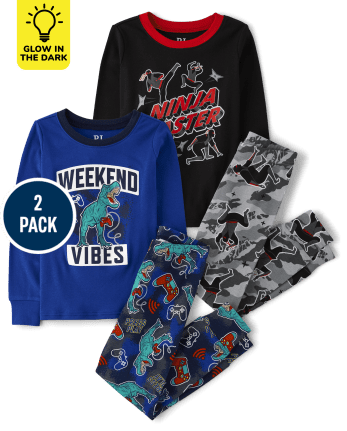 Pijamas de algodón de ajuste ceñido Glow Dino Ninja para niños, paquete de 2