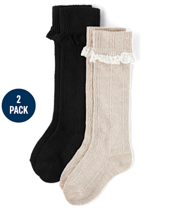 Girls Cable Knit Lace Boot Socks 2-Pack