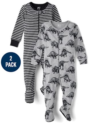 Baby And Toddler Boys Striped Dino Snug Fit Cotton Footed One Piece Pajamas 2-Pack