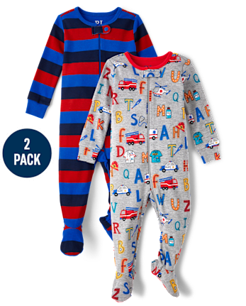 Baby And Toddler Boys Striped Alphabet Snug Fit Cotton Footed One Piece Pajamas 2-Pack