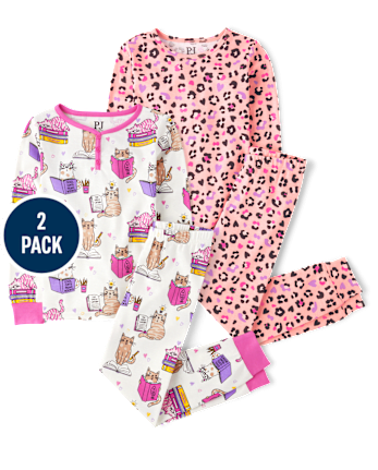 Girls Leopard Cat Snug Fit Cotton Pajamas 2-Pack