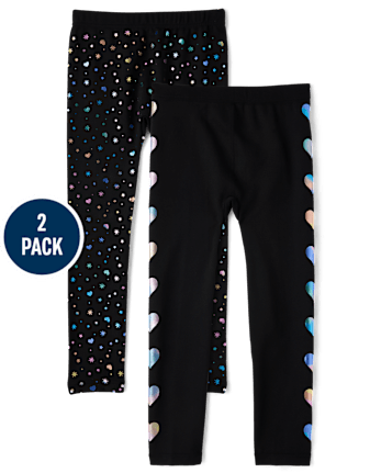 Girls Foil Heart Fleece Lined Leggings 2-Pack