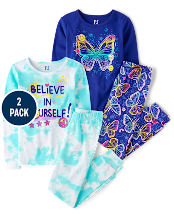 Girls Butterfly Believe Snug Fit Cotton Pajamas 2-Pack
