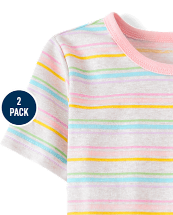 Girls Rainbow Striped Henley Snug Fit Cotton Pajamas 2-Pack