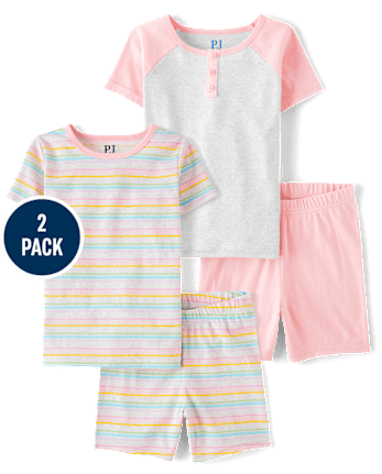 Girls Rainbow Striped Henley Snug Fit Cotton Pajamas 2-Pack