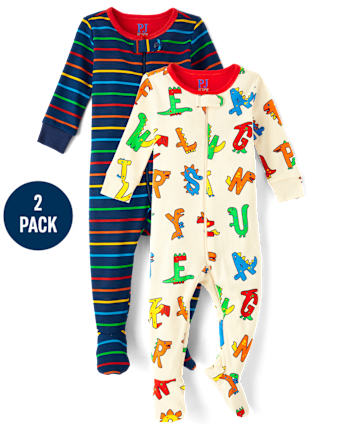 Baby And Toddler Dino Alphabet Striped Snug Fit Cotton Footed One Piece Pajamas 2-Pack