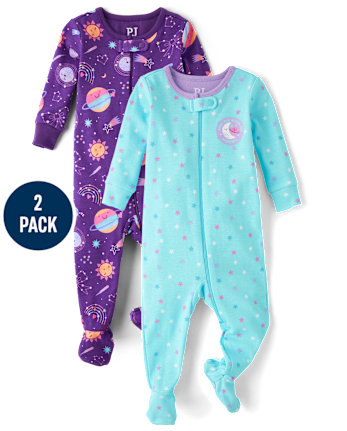 Baby And Toddler Girls Space Snug Fit Cotton Footed One Piece Pajamas 2-Pack