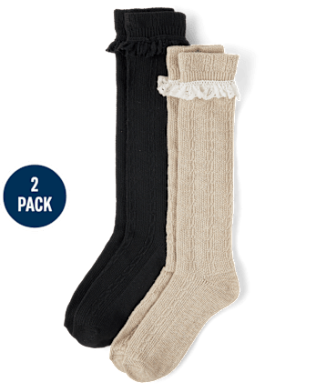 Girls Cable Knit Boot Socks 2-Pack