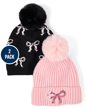 Lot de 2 bonnets à pompon et nœud pour fille
