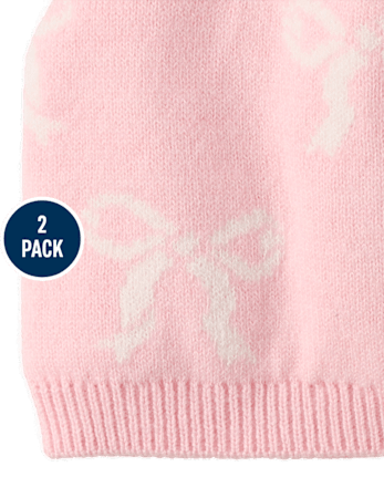Toddler Girls Bow Pom Pom Beanie 2-Pack